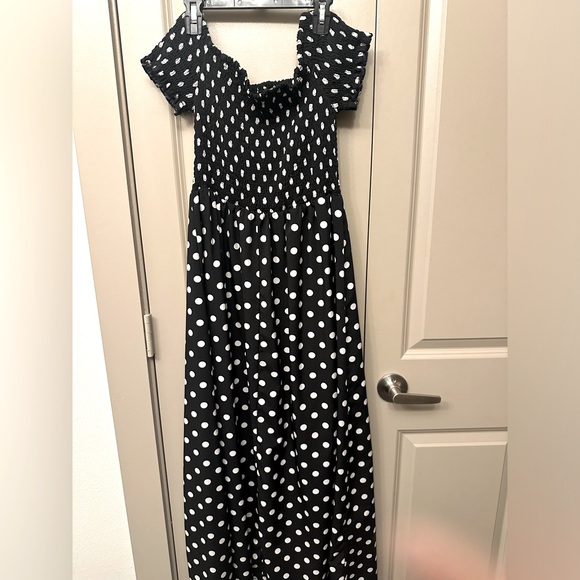 Black with white polka dot off-the-shoulder dress - Picture 1 of 3